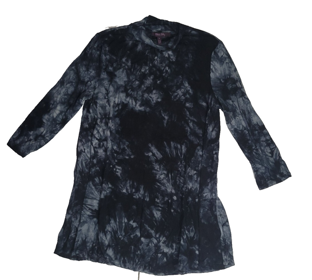 Olivia Sky Womens S Black Gray Tie Dye Mock Neck Tunic Top 3/4 Sleeve